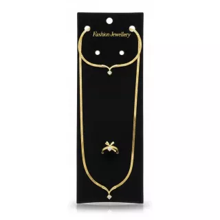 Gold-tone necklace, bracelet and ring set with single clear stones on black display card