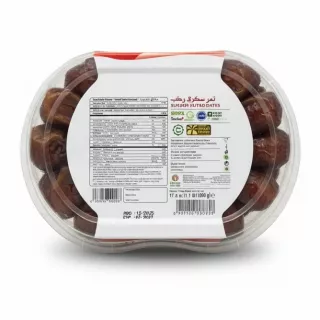 Back label with nutrition and product information on Sukari Rutab Dates