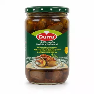 Jar of Durra Makdous eggplants stuffed with chili and walnuts in sunflower oil