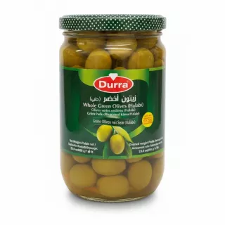 Jar of Durra Whole Green Olives Halabi with green polka-dot lid