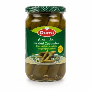 Jar of Durra pickled cucumbers with green dotted lid