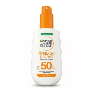 Garnier Ambre Solaire Hydra 24H Protect SPF 50 sunscreen spray bottle front