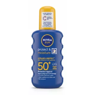 Front view of Nivea Sun Protect & Moisture SPF 50+ bottle with blue body and yellow cap