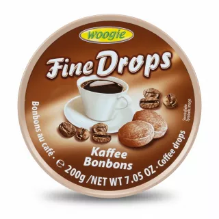 Woogie FineDrops Coffee Bonbons in a round brown tin with coffee cup and beans illustration