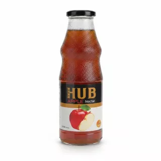 Glass bottle of The Hub Apple Nectar showing front label with apple image
