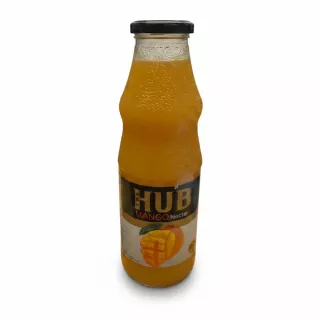 The Hub Mango Nectar in a glass bottle with black cap and bright orange juice inside
