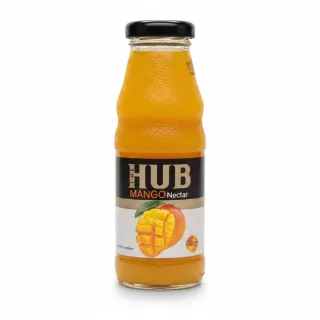 Glass bottle of The Hub Mango Nectar showing front label with mango image