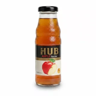 Glass bottle of The Hub Apple Nectar with apple illustration on label