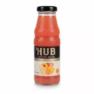 Glass bottle of HUB Cocktail Nectar with fruit images on label
