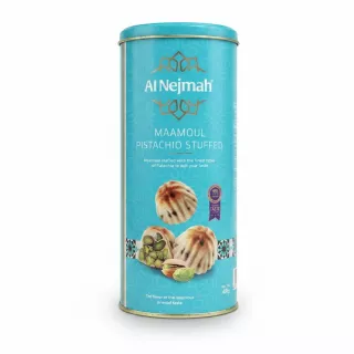 Al Nejmah Maamoul Pistachio Stuffed tin showing pistachio filled pastries on front