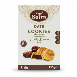 Box of Sofra Date Cookies Maamoul Plain flavor showing front packaging with date cookie images