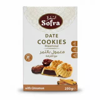 Box of Sofra Date Cookies Maamoul with cinnamon flavour showing front packaging