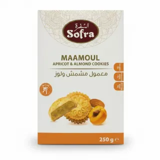 Box of Sofra Maamoul Apricot & Almond Cookies showing cookies, apricot and almond