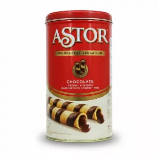 Astor chocolate wafer rolls tin with red and gold packaging
