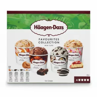 Häagen-Dazs Favourites Mini Cups pack showing four ice cream flavours