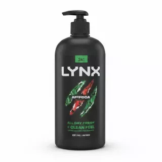 Lynx Africa 3 in 1 body, face and hair wash bottle front label
