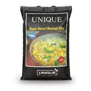 Bag of Unique Super Kernel Basmati Rice with image of cooked rice