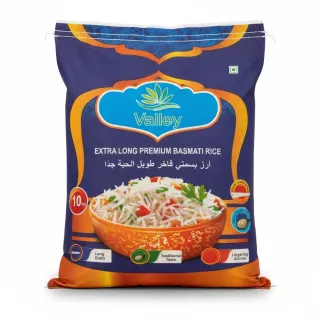 Valley brand 10kg bag of extra long premium basmati rice with vibrant orange and blue packaging