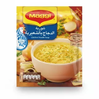 Maggi Chicken Noodle Soup pack front with bowl of soup