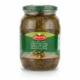 Jar of Durra Pickled Grape Leaves on wooden table