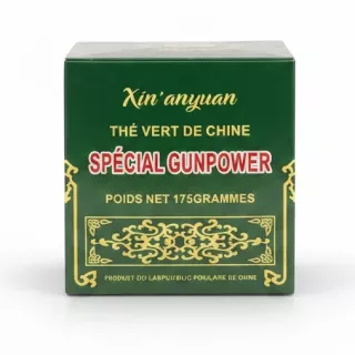 Packaged Xin'anyuan Special Gunpowder Green Tea front view