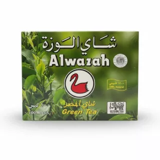Alwazah Green Tea box displaying the brand and logo with tea leaves background
