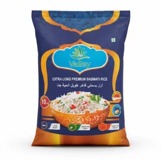Valley brand 10kg bag of extra long premium basmati rice in blue and orange packaging featuring a bowl of cooked rice with herbs and vegetables