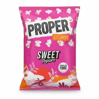 Bag of Proper Corn Sweet Popcorn in bright pink and orange packaging