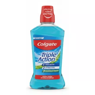 Colgate Triple Action Mouthwash front label showing fresh breath, antibacterial, strength enamel benefits
