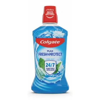Colgate Plax Fresh & Protect mouthwash bottle front showing blue liquid and cool mint label