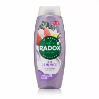 Bottle of Radox Feel Renewed Shower Cream with lychee and vanilla scent front view