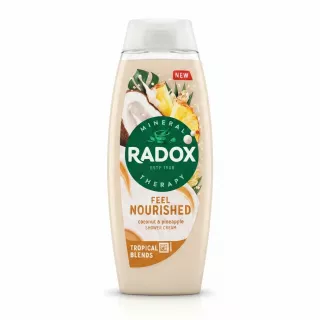 Radox Feel Nourished Shower Cream bottle front with coconut and pineapple design