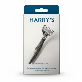 Harry's Midnight Black razor and packaging front view