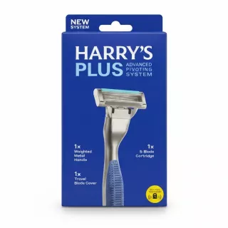 Harry's Plus razor kit packaging with metal handle and 5-blade cartridge image