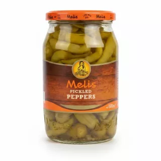 Jar of Melis Pickled Peppers showing whole pickled peppers in brine