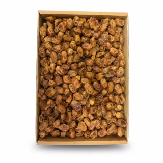 Box of Zahedi dates showing golden brown dry dates