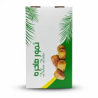 Top of green and white box packaging of deluxe dates