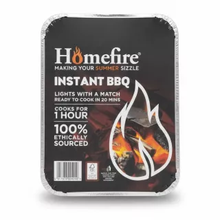 Homefire instant BBQ charcoal grill in aluminium tray with packaging showing instructions