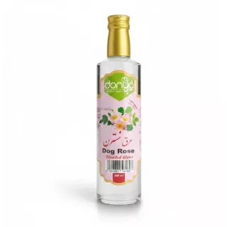 Bottle of Donya Dog Rose Distilled Water with pink label and golden cap