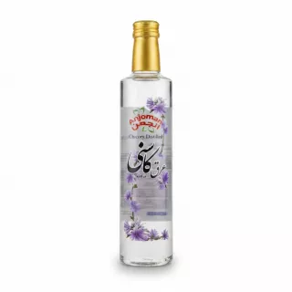 Anjoman branded clear bottle of chicory distilled water with floral label
