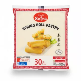 Pack of Sofra brand spring roll pastry sheets with 30 sheets 10 inch by 10 inch