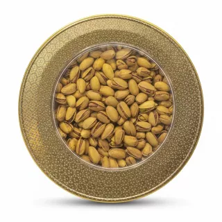 Anjoman Jumbo Pistachio Nuts in decorative tin with clear top showing pistachios