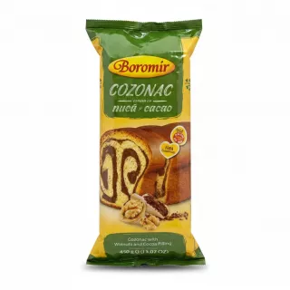 Boromir Cozonac loaf with walnuts and cocoa filling in green and yellow packaging
