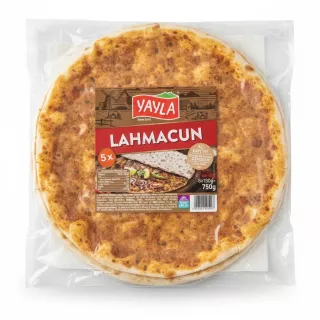 Pack of five Yayla Lahmacun Turkish pizzas in clear plastic packaging