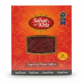 Sahar Khiz Persian saffron box front with red floral design and transparent window showing saffron threads