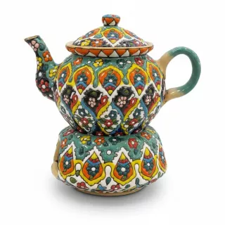 Colourful hand-painted ceramic teapot with lid and warmer stand