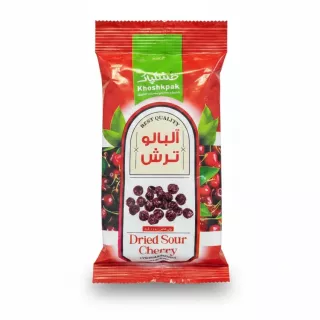 Packet of Khoshkpak dried sour cherries with bright red and green packaging showing dried and fresh cherries