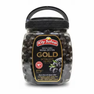 Jar of Köy Sefası Gold Black Olives with Stones front view