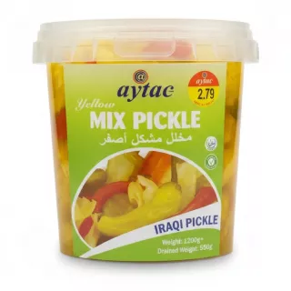 Front view of Aytac Iraqi mixed pickle tub showing label and price