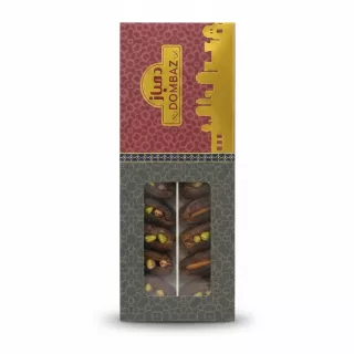 Box of Dombaz pistachio and almond stuffed dates showing front packaging